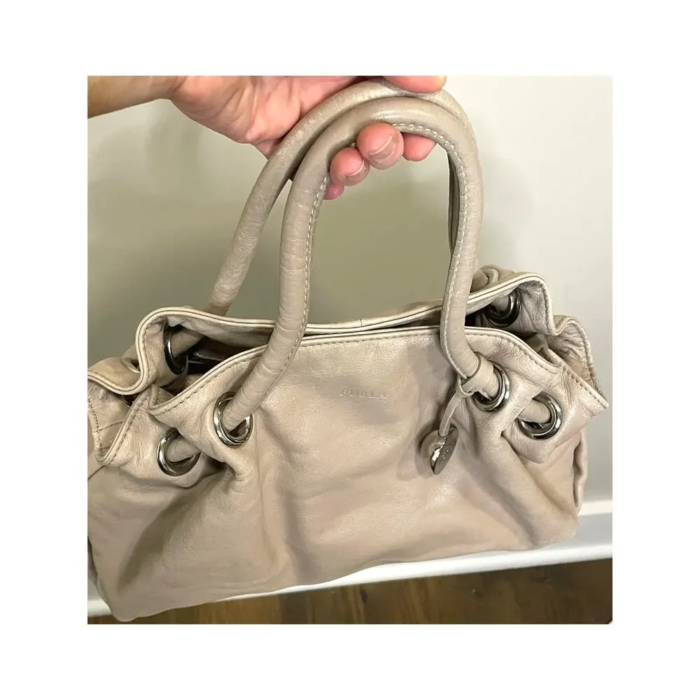 Furla Taupe Leather Top Handle Bag Designer Handbag Silver Embellishments - Picture 13 of 13